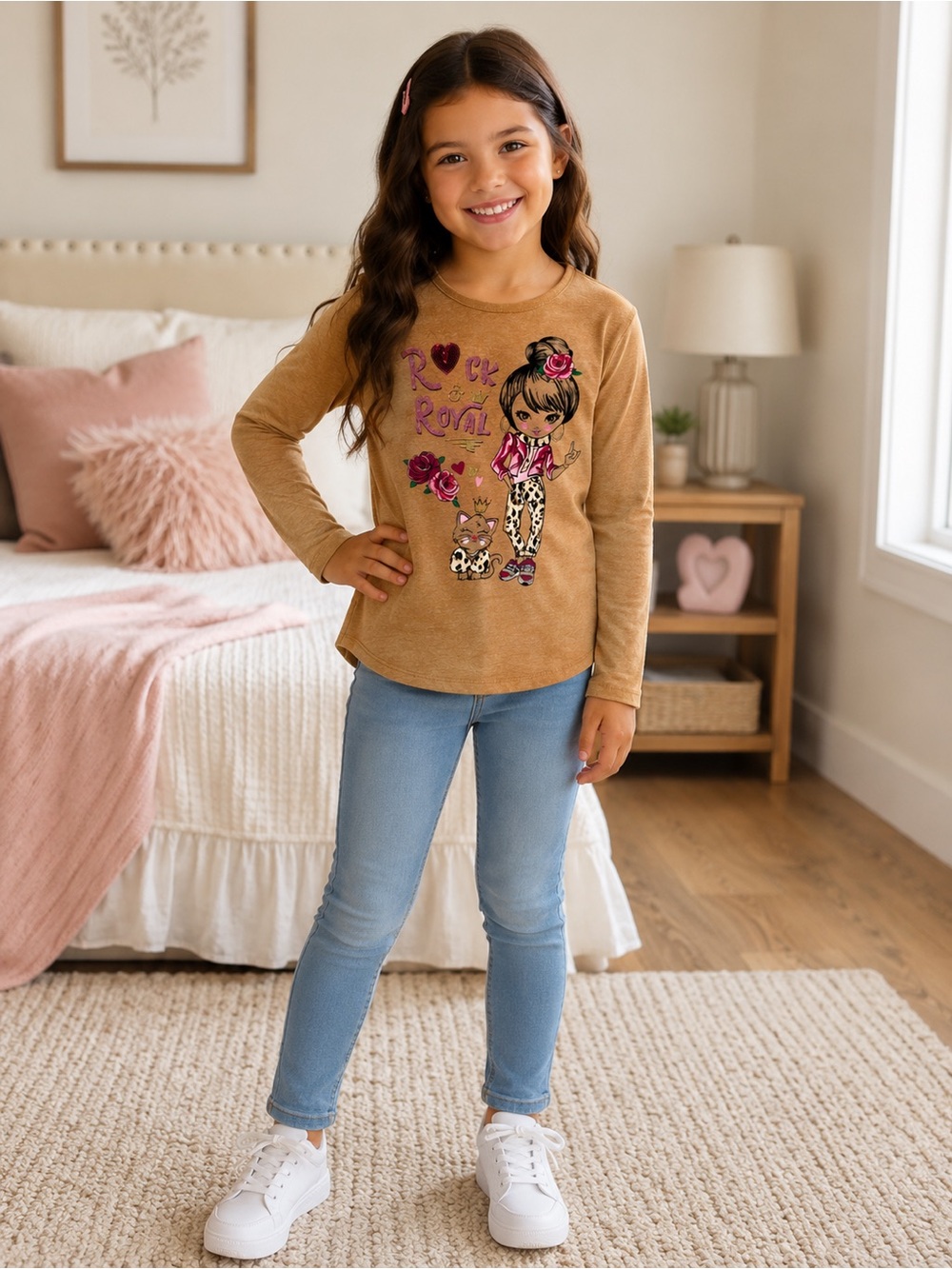 365 Kids Girls Rock & Royal Graphic Long Sleeve Shirt Size 7 Leopard Cat